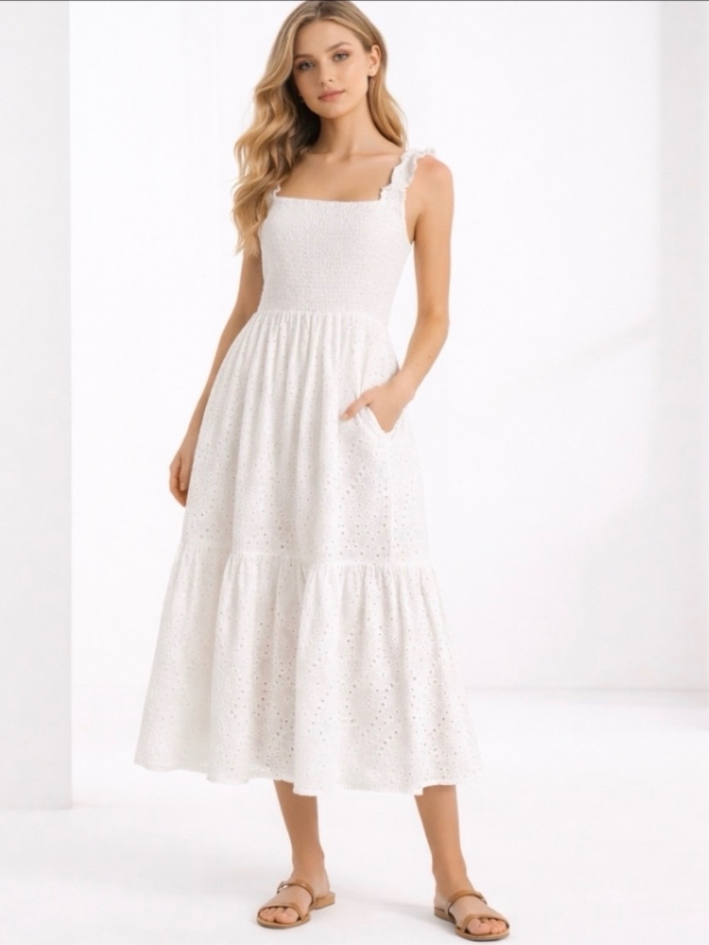 Devoted White Eyelet Cotton Midi Dress
Size M | Color: White